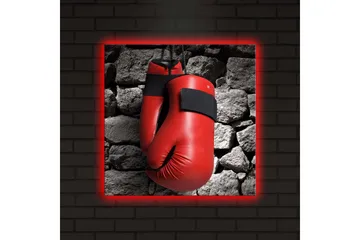 Lerretsbilde med LED-belysning 40x40 cm - Røde boksehansker hengende mot en grå steinvegg - Rød / Grå - Interiør - Maleri & posters - Lerretsbilder