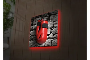 Lerretsbilde med LED-belysning 40x40 cm - Røde boksehansker hengende mot en grå steinvegg - Rød / Grå - Interiør - Maleri & posters - Lerretsbilder