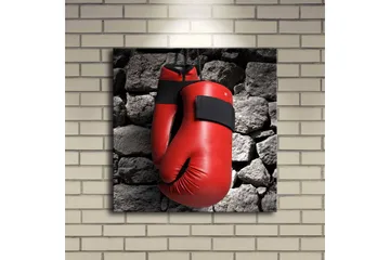 Lerretsbilde med LED-belysning 40x40 cm - Røde boksehansker hengende mot en grå steinvegg - Rød / Grå - Interiør - Maleri & posters - Lerretsbilder