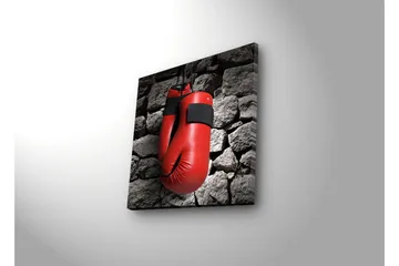 Lerretsbilde med LED-belysning 40x40 cm - Røde boksehansker hengende mot en grå steinvegg - Rød / Grå - Interiør - Maleri & posters - Lerretsbilder