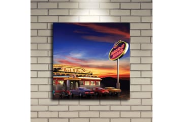Lerretsbilde med LED-belysning 40x40 cm - Retro diner med klassiske biler under en fargerik himmel - Blå / Oransje / Gul - Interiør - Maleri & posters - Lerretsbilder