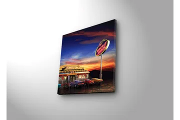 Lerretsbilde med LED-belysning 40x40 cm - Retro diner med klassiske biler under en fargerik himmel - Blå / Oransje / Gul - Interiør - Maleri & posters - Lerretsbilder