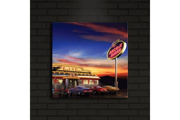 Lerretsbilde med LED-belysning 40x40 cm - Retro diner med klassiske biler under en fargerik himmel - Blå / Oransje / Gul - Interiør - Maleri & posters - Lerretsbilder