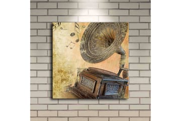 Lerretsbilde med LED-belysning 40x40 cm - Retro grammofon med noter i bakgrunnen - Gull / Brun / Beige - Interiør - Maleri & posters - Lerretsbilder