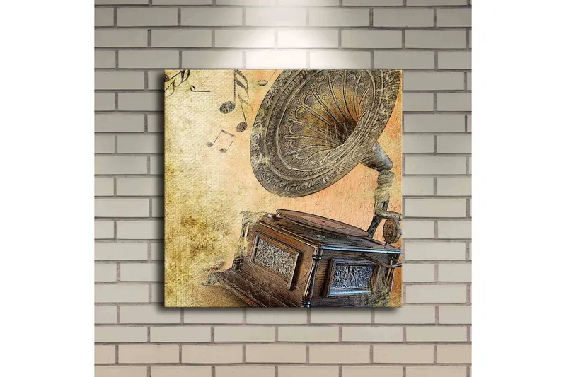 Lerretsbilde med LED-belysning 40x40 cm - Retro grammofon med noter i bakgrunnen - Gull / Brun / Beige - Interiør - Maleri & posters - Lerretsbilder