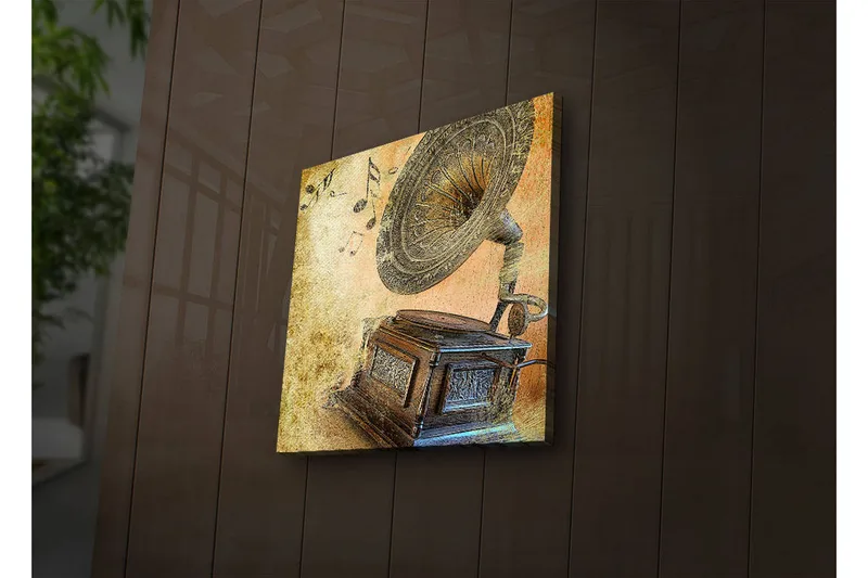 Lerretsbilde med LED-belysning 40x40 cm - Retro grammofon med noter i bakgrunnen - Gull / Brun / Beige - Interiør - Maleri & posters - Lerretsbilder