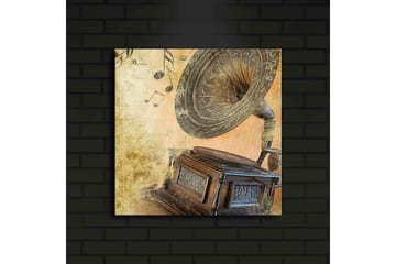 Lerretsbilde med LED-belysning 40x40 cm - Retro grammofon med noter i bakgrunnen - Gull / Brun / Beige - Interiør - Maleri & posters - Lerretsbilder