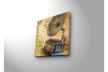 Lerretsbilde med LED-belysning 40x40 cm - Retro grammofon med noter i bakgrunnen - Gull / Brun / Beige - Interiør - Maleri & posters - Lerretsbilder