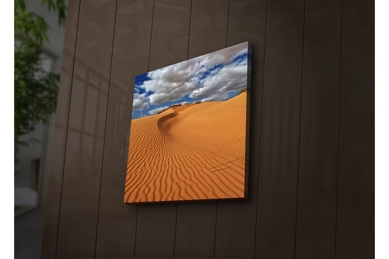 Lerretsbilde med LED-belysning 40x40 cm - Sanddyner under en blå himmel med skyer - Oransje / Blå / Hvit - Interiør - Maleri & posters - Lerretsbilder