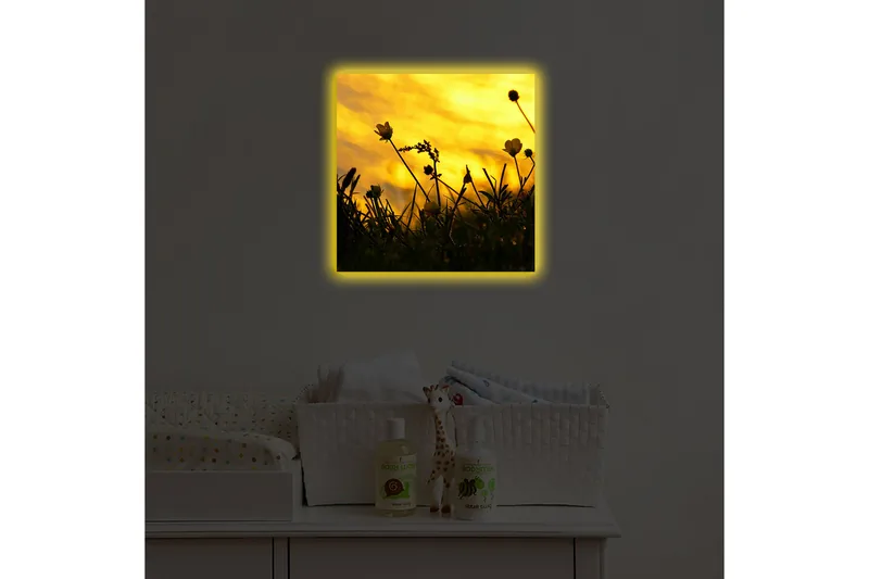 Lerretsbilde med LED-belysning 40x40 cm - Silhuett av blomster mot en gyllen solnedgang - Gull / Svart - Interiør - Maleri & posters - Lerretsbilder