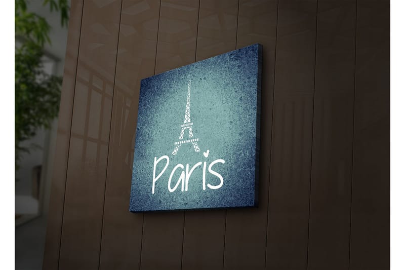 Lerretsbilde med LED-belysning 40x40 cm - Silhuett av Eiffeltårnet med teksten Paris, Mørk blå / Lys blå / Hvit