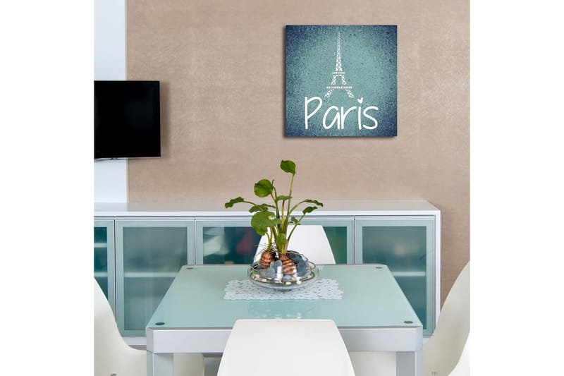 Lerretsbilde med LED-belysning 40x40 cm - Silhuett av Eiffeltårnet med teksten Paris - Mørk blå / Lys blå / Hvit - Interiør - Maleri & posters - Lerretsbilder