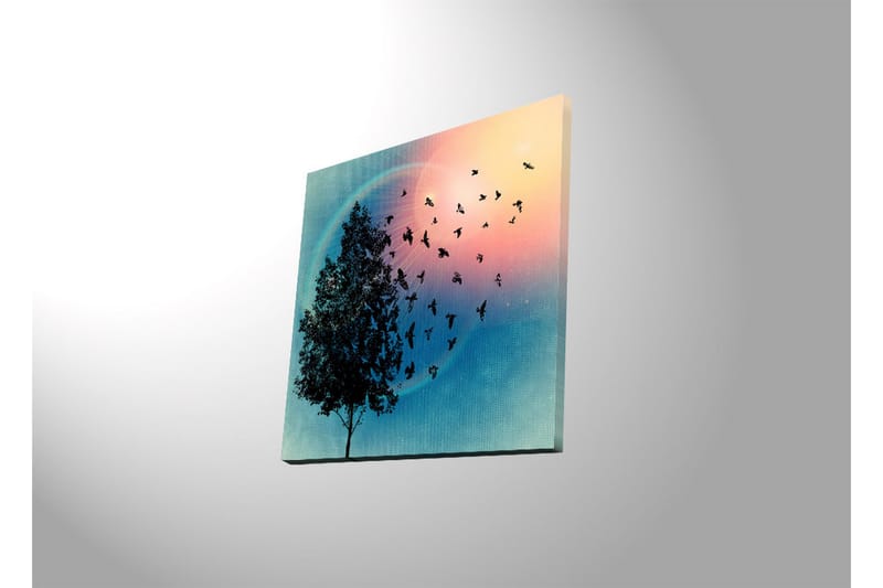 Lerretsbilde med LED-belysning 40x40 cm - Silhuett av et tre med svevende fugler mot en fargerik bakgrunn - Blå / Rosa / Grønn - Interiør - Maleri & posters - Lerretsbilder