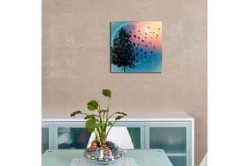 Lerretsbilde med LED-belysning 40x40 cm - Silhuett av et tre med svevende fugler mot en fargerik bakgrunn - Blå / Rosa / Grønn - Interiør - Maleri & posters - Lerretsbilder