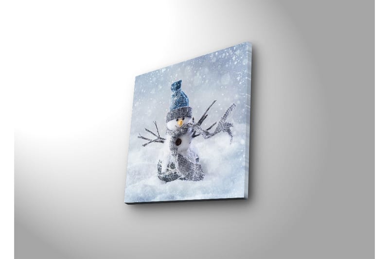 Lerretsbilde med LED-belysning 40x40 cm - Snømann i vinterlandskap med snøfall - Hvit / Blå / Grå - Interiør - Maleri & posters - Lerretsbilder