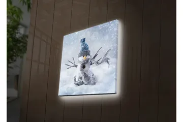 Lerretsbilde med LED-belysning 40x40 cm - Snømann i vinterlandskap med snøfall - Hvit / Blå / Grå - Interiør - Maleri & posters - Lerretsbilder