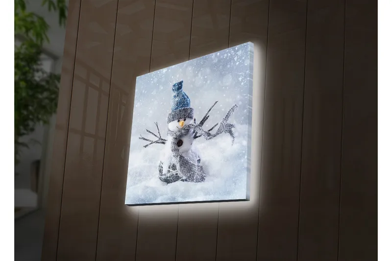 Lerretsbilde med LED-belysning 40x40 cm - Snømann i vinterlandskap med snøfall, Hvit / Blå / Grå