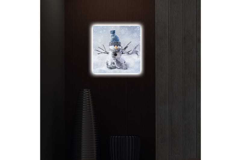 Lerretsbilde med LED-belysning 40x40 cm - Snømann i vinterlandskap med snøfall - Hvit / Blå / Grå - Interiør - Maleri & posters - Lerretsbilder