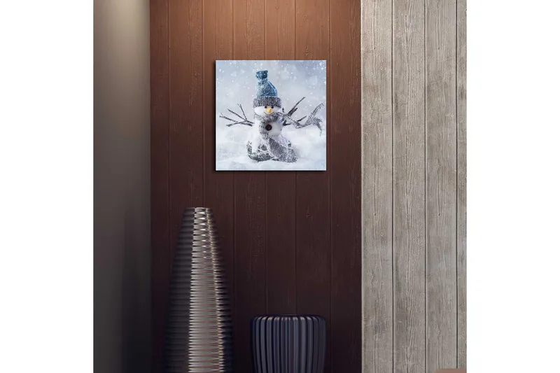 Lerretsbilde med LED-belysning 40x40 cm - Snømann i vinterlandskap med snøfall - Hvit / Blå / Grå - Interiør - Maleri & posters - Lerretsbilder