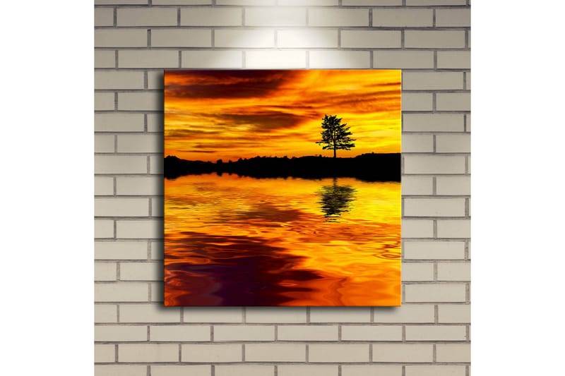 Lerretsbilde med LED-belysning 40x40 cm - Solnedgang over en speilblank innsjø med silhuetten av et ensomt tre - Gull / Oransje / Svart - Interiør - Maleri & posters - Lerretsbilder
