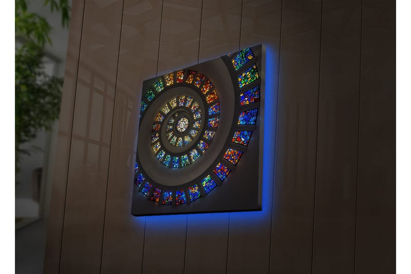Lerretsbilde med LED-belysning 40x40 cm - Spiralkomposisjon med fargerike glassruter - Blå / Rød / Grønn - Interiør - Maleri & posters - Lerretsbilder