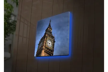 Lerretsbilde med LED-belysning 40x40 cm - Storslått bilde av Big Ben i London - Mørk blå / Beige / Grå - Interiør - Maleri & posters - Lerretsbilder
