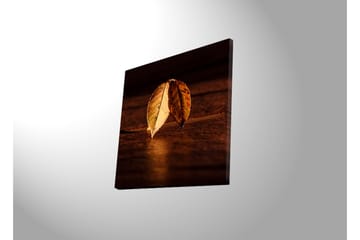 Lerretsbilde med LED-belysning 40x40 cm - To overlappende høstblader på en treflate - Gull / Brun / Grønn - Interiør - Maleri & posters - Lerretsbilder