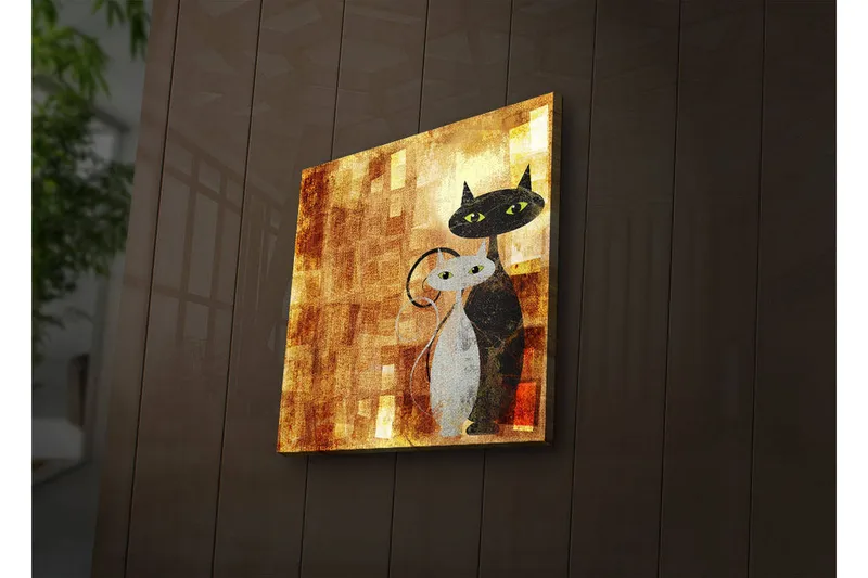 Lerretsbilde med LED-belysning 40x40 cm - To stiliserte katter i en varm fargepalett - Gull / Svart / Hvit - Interiør - Maleri & posters - Lerretsbilder