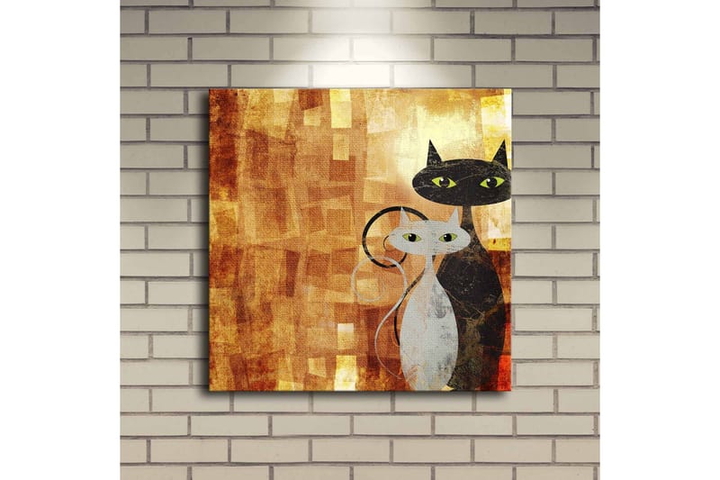 Lerretsbilde med LED-belysning 40x40 cm - To stiliserte katter i en varm fargepalett - Gull / Svart / Hvit - Interiør - Maleri & posters - Lerretsbilder
