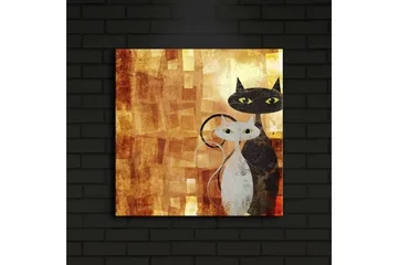 Lerretsbilde med LED-belysning 40x40 cm - To stiliserte katter i en varm fargepalett - Gull / Svart / Hvit - Interiør - Maleri & posters - Lerretsbilder