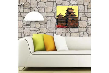 Lerretsbilde med LED-belysning 40x40 cm - Tradisjonelt japansk slott med flere taknivåer - Gull / Svart / Rød - Interiør - Maleri & posters - Lerretsbilder