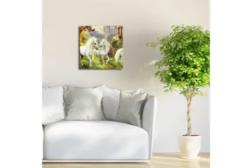 Lerretsbilde med LED-belysning 40x40 cm - Tre hvite enhjørninger i et magisk skogmiljø - Hvit / Grønn / Gul - Interiør - Maleri & posters - Lerretsbilder