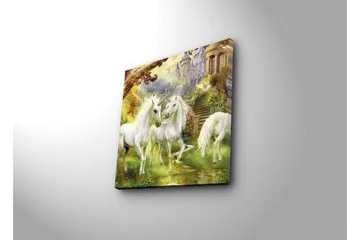 Lerretsbilde med LED-belysning 40x40 cm - Tre hvite enhjørninger i et magisk skogmiljø - Hvit / Grønn / Gul - Interiør - Maleri & posters - Lerretsbilder