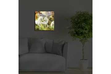 Lerretsbilde med LED-belysning 40x40 cm - Tre hvite enhjørninger i et magisk skogmiljø - Hvit / Grønn / Gul - Interiør - Maleri & posters - Lerretsbilder