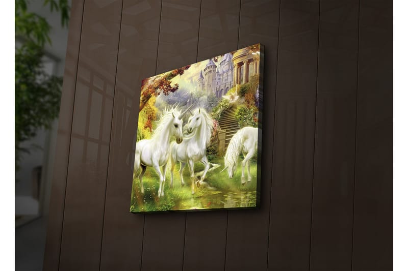 Lerretsbilde med LED-belysning 40x40 cm - Tre hvite enhjørninger i et magisk skogmiljø - Hvit / Grønn / Gul - Interiør - Maleri & posters - Lerretsbilder
