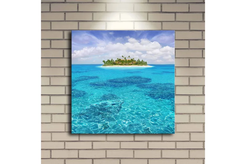 Lerretsbilde med LED-belysning 40x40 cm - Tropisk øy omgitt av klart blått vann - Blå / Turkis / Grønn - Interiør - Maleri & posters - Lerretsbilder