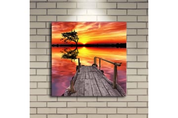 Lerretsbilde med LED-belysning 40x40 cm - Vakker solnedgang over en speilblank innsjø med en trebrygge og en ensom tretopp - Oransje / Rosa / Grønn - Interiør - Maleri & posters - Lerretsbilder
