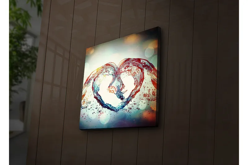 Lerretsbilde med LED-belysning 40x40 cm - Vannformet hjertekomposisjon, Blå / Rød / Gjennomsiktig