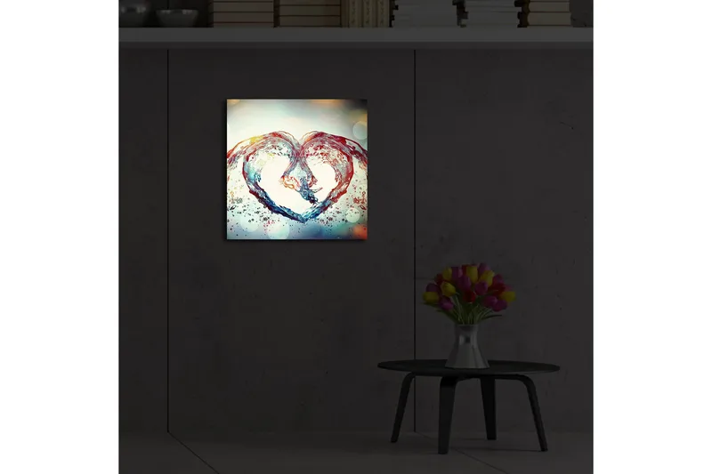 Lerretsbilde med LED-belysning 40x40 cm - Vannformet hjertekomposisjon - Blå / Rød / Gjennomsiktig - Interiør - Maleri & posters - Lerretsbilder