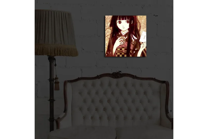 Lerretsbilde med LED-belysning 40x40 cm - Portrett av en ung kvinne i tradisjonelle klær med en kopp og et brev i hånden - Mørk rød / Beige / Svart - Interiør - Maleri & posters - Lerretsbilder