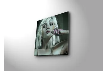 Lerretsbilde med LED-belysning 40x40 cm - Portrett av en kvinne med blondt hår og en selvsikker positur - Lys grå / Rosa / Mørk grønn - Interiør - Maleri & posters - Lerretsbilder