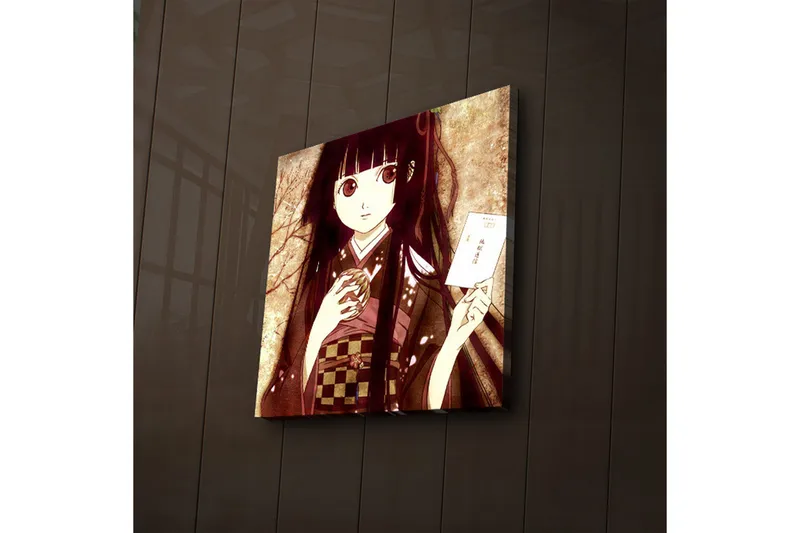 Lerretsbilde med LED-belysning 40x40 cm - Portrett av en ung kvinne i tradisjonelle klær med en kopp og et brev i hånden - Mørk rød / Beige / Svart - Interiør - Maleri & posters - Lerretsbilder