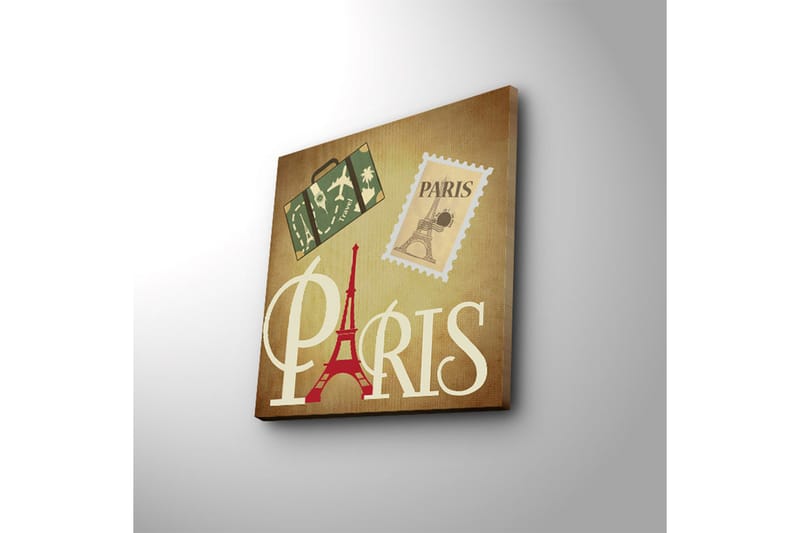 Lerretsbilde med LED-belysning 40x40 cm - Paris-inspirert kunstverk med Eiffeltårnet og reisesymboler - Rød / Grønn / Beige - Interiør - Maleri & posters - Lerretsbilder