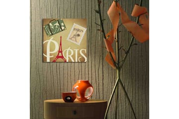 Lerretsbilde med LED-belysning 40x40 cm - Paris-inspirert kunstverk med Eiffeltårnet og reisesymboler - Rød / Grønn / Beige - Interiør - Maleri & posters - Lerretsbilder