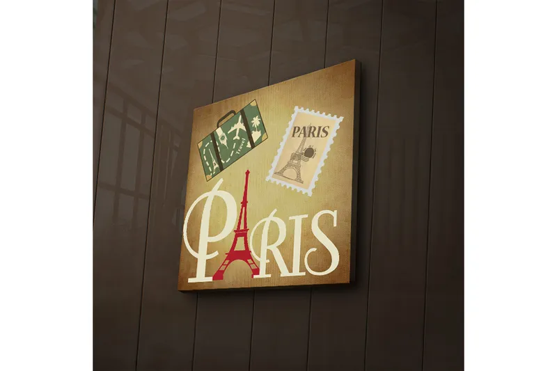 Lerretsbilde med LED-belysning 40x40 cm - Paris-inspirert kunstverk med Eiffeltårnet og reisesymboler - Rød / Grønn / Beige - Interiør - Maleri & posters - Lerretsbilder