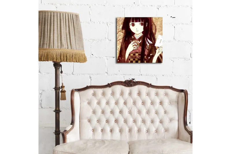 Lerretsbilde med LED-belysning 40x40 cm - Portrett av en ung kvinne i tradisjonelle klær med en kopp og et brev i hånden - Mørk rød / Beige / Svart - Interiør - Maleri & posters - Lerretsbilder