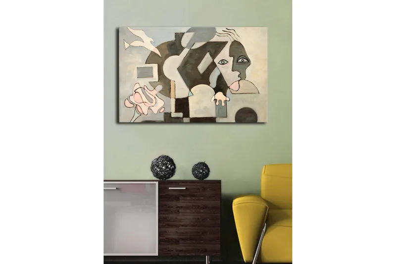 Lerretsbilde med LED-belysning 45x70 cm - Abstrakt komposisjon med ansiktsmotiver og geometriske former - Grå / Beige / Svart - Interiør - Maleri & posters - Lerretsbilder