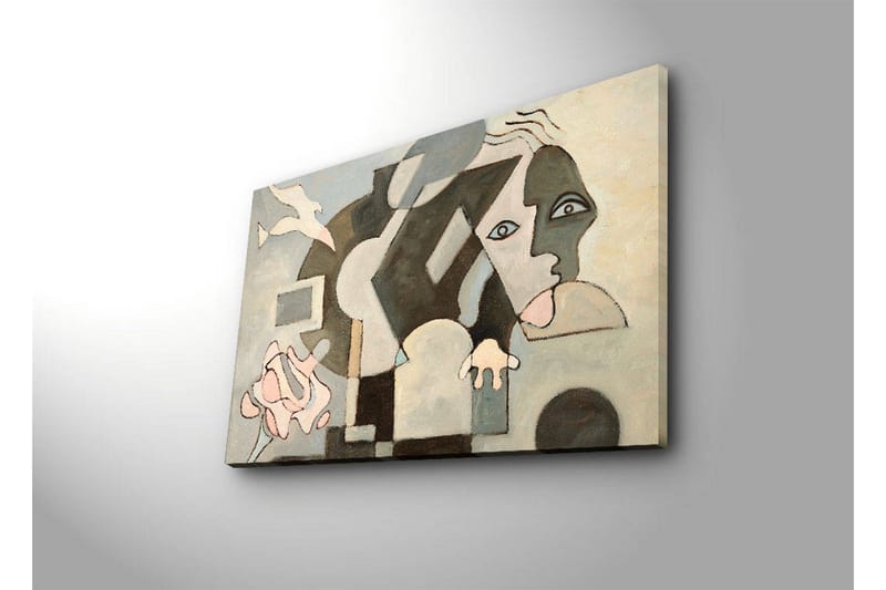 Lerretsbilde med LED-belysning 45x70 cm - Abstrakt komposisjon med ansiktsmotiver og geometriske former - Grå / Beige / Svart - Interiør - Maleri & posters - Lerretsbilder