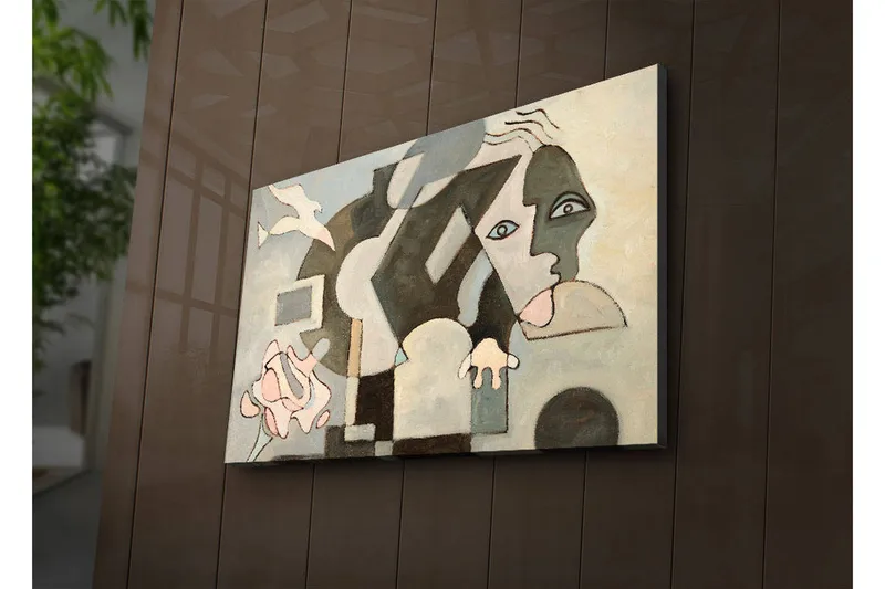 Lerretsbilde med LED-belysning 45x70 cm - Abstrakt komposisjon med ansiktsmotiver og geometriske former - Grå / Beige / Svart - Interiør - Maleri & posters - Lerretsbilder