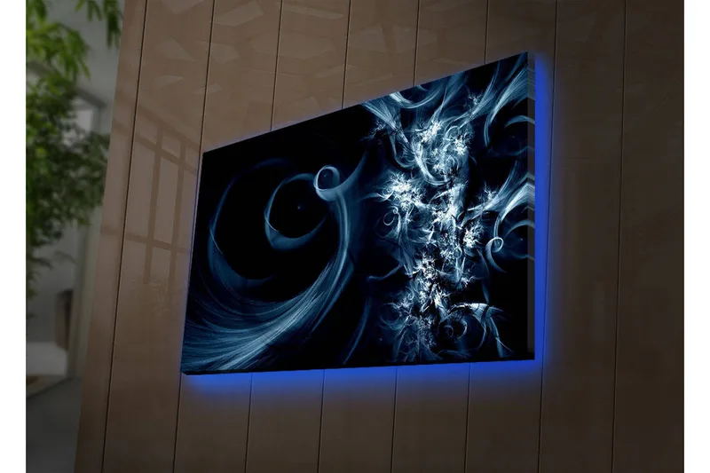 Lerretsbilde med LED-belysning 45x70 cm - Abstrakt komposisjon med svarte og blå virvler, Mørk blå / Lys blå / Svart